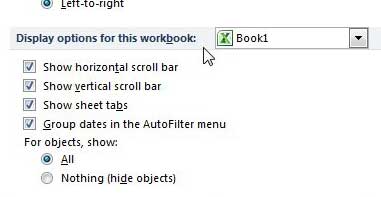 cómo mostrar pestañas de hojas en Excel 2010