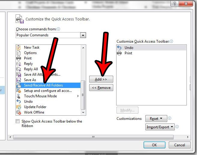 cómo agregar enviar y recibir a la barra de herramientas de acceso rápido de Outlook 2013