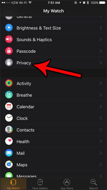 abrir el menú de privacidad de Apple Watch