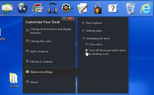 Turn off the dock and restore Desktop icons
