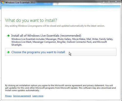 Selectively Choose Windows Live Essentials programs to install