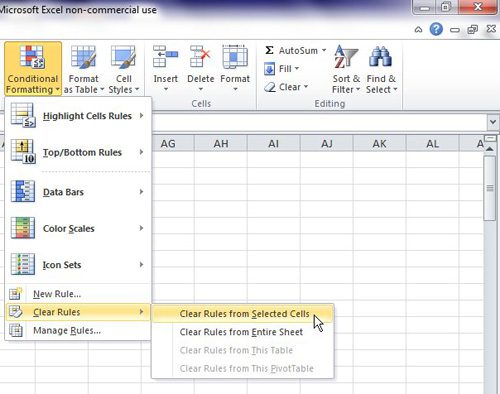 Clear conditional formatting from your selected cells