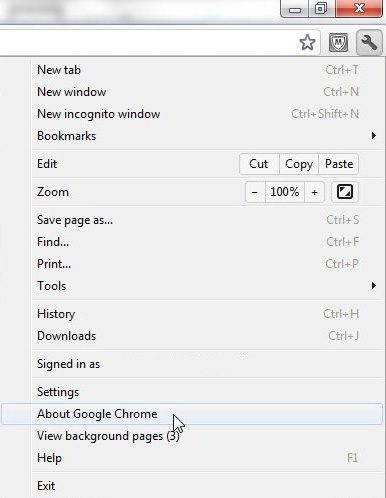 Check Chrome menu for Chrome version number