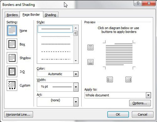 customize document borders on the borders and shading window