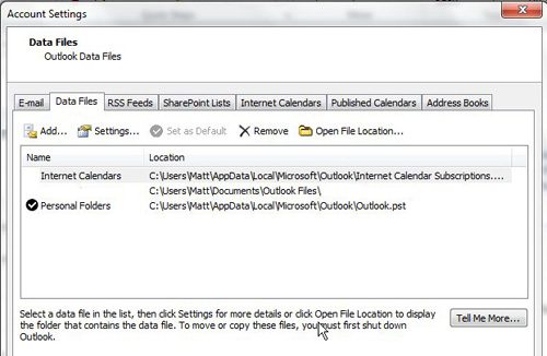 location of pst file is listed to the right of each pst file