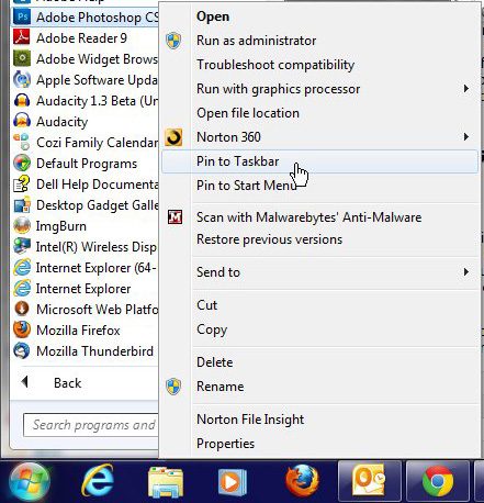 pin an item to the windows 7 taskbar