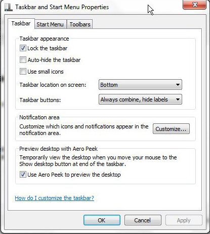 configure the windows 7 taskbar