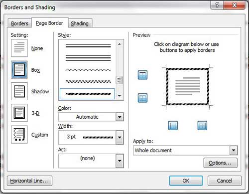 use the borders and shading menu to select your page border options