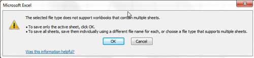 error message when trying to save multisheet csv