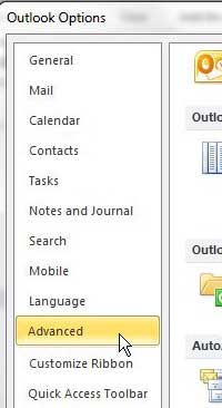 open the advanced tab of the outlook 2010 options menu
