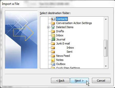 choose the contacts folder as the destination for your imported file