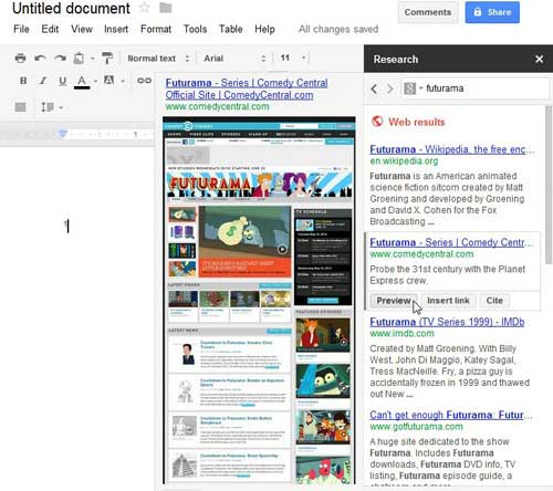 using the preview option in the google docs research tool