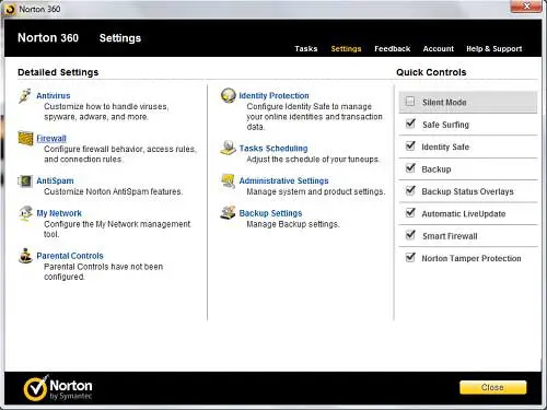 norton 360 settings menu