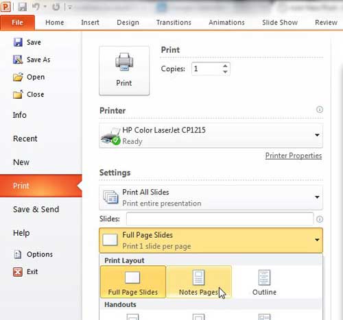 change print settings to print only the notes in powerpoint 2010
