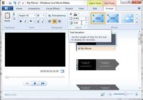 reduce title screen text time duration windows live movie maker