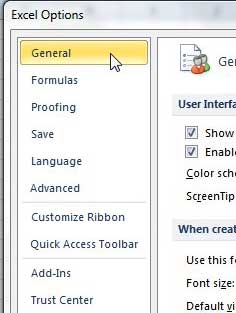 general tab on excel 2010 options menu