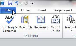 word 2010 file tab