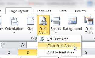 how to clear the print area in Excel 2010