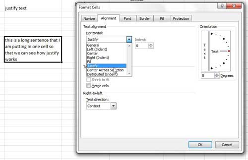 use the justify option on the horizontal or vertical format cells menu