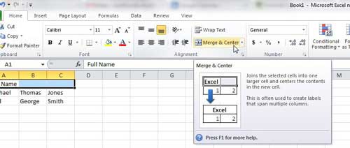 excel 2010 merge and center