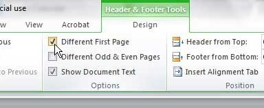 remove the page number form a title page in word 2010