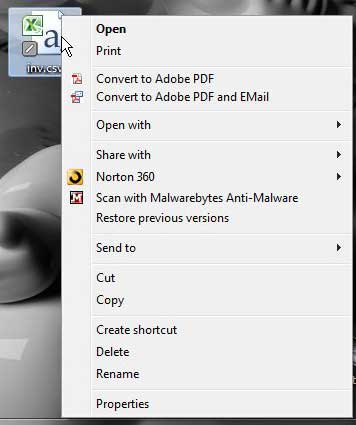 display a file's shortcut menu