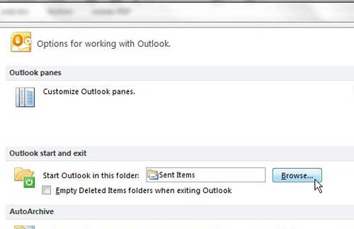 set outlook 2010 to open to the inbox