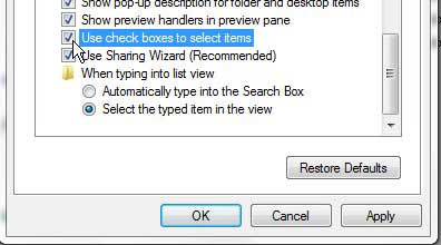 how to use check boxes to select files in windows 7