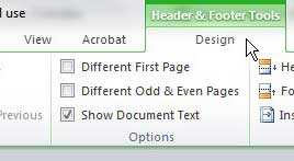word 2010 header and footer tools tab