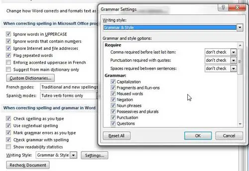 word 2010 grammar settings menu