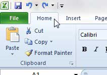 click the excel 2010 home tab