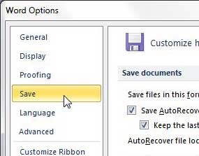 save menu from word options