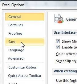 save tab of excel options window