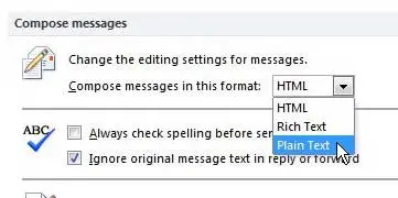 How to compose all messages in Outlook 2010 as plain text