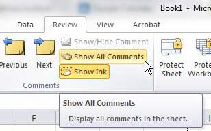 show comments in excel 2010