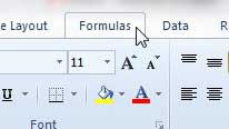 the formulas ribbon tab in excel 2010