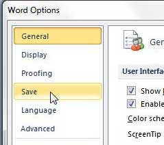open the save menu on the word options window