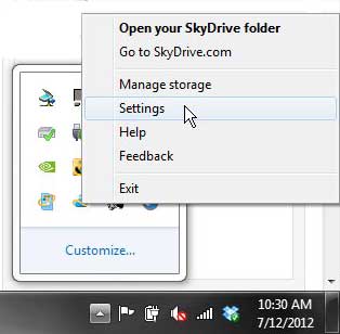 skydrive settings menu