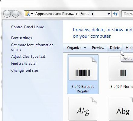 how to delete a font from windows 7