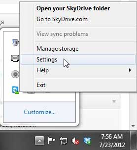 open the skydrive settings menu