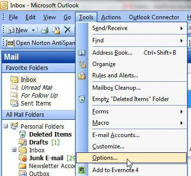 outlook 2003 tools, options menu