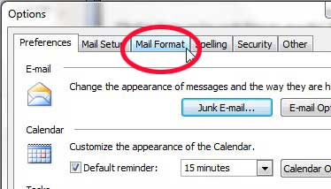 outlook 2003 mail format tab