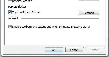 turn on the pop up blocker in internet explorer 9