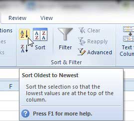 sort a column by date in excel 2010
