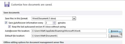 change autorecover file location in word 2010