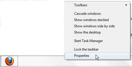 windows 7 taskbar properties menu