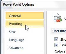 proofing tab on powerpoint options menu