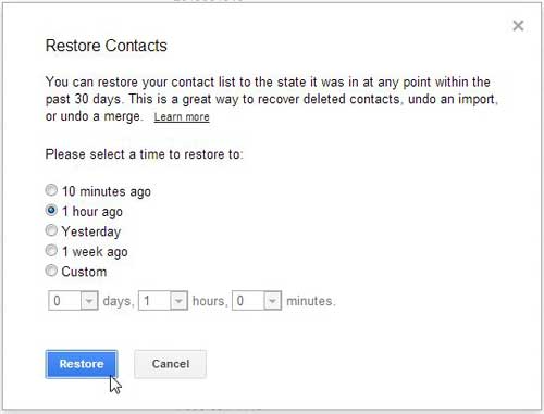 choose history point from which to restore contacts