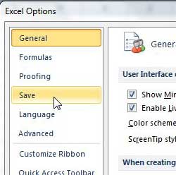 click the save tab in excel options window