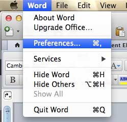 Open the Word Preferences menu